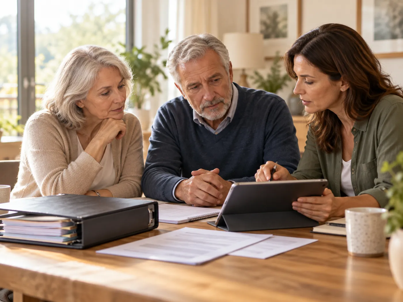 Mehrere Generationen einer Familie besprechen gemeinsam wichtige Vorsorgeunterlagen