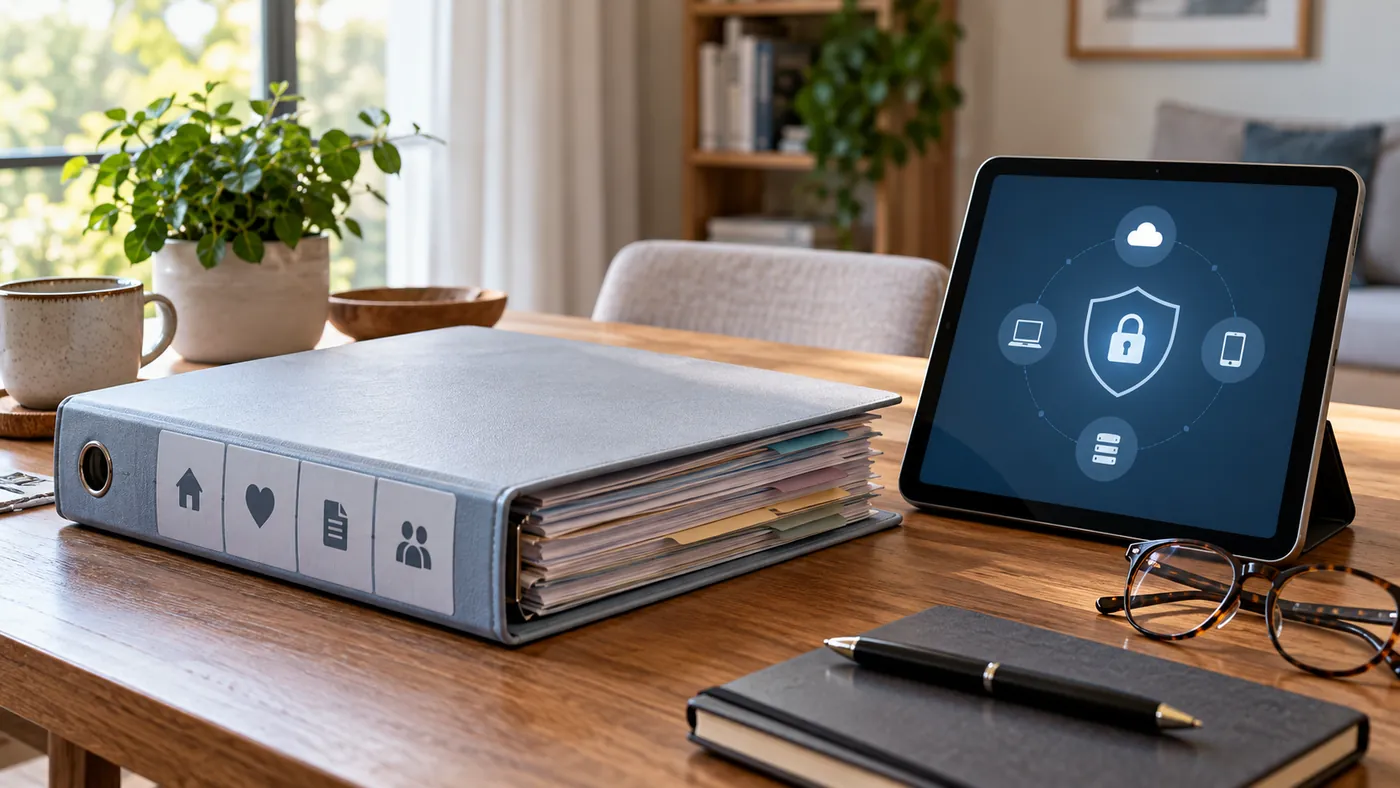 Vorsorgeordner mit wichtigen Dokumenten neben einem Tablet – digitale Hinterlegung von Vorsorgeunterlagen